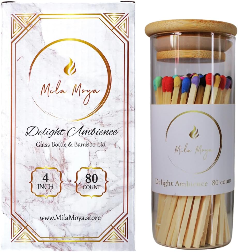 Mila Moya Decorative Wooden Matches 4in/10cm | 80 Count | Glass Bottle + Bamboo Lid | White Head | Strike On The Bottom