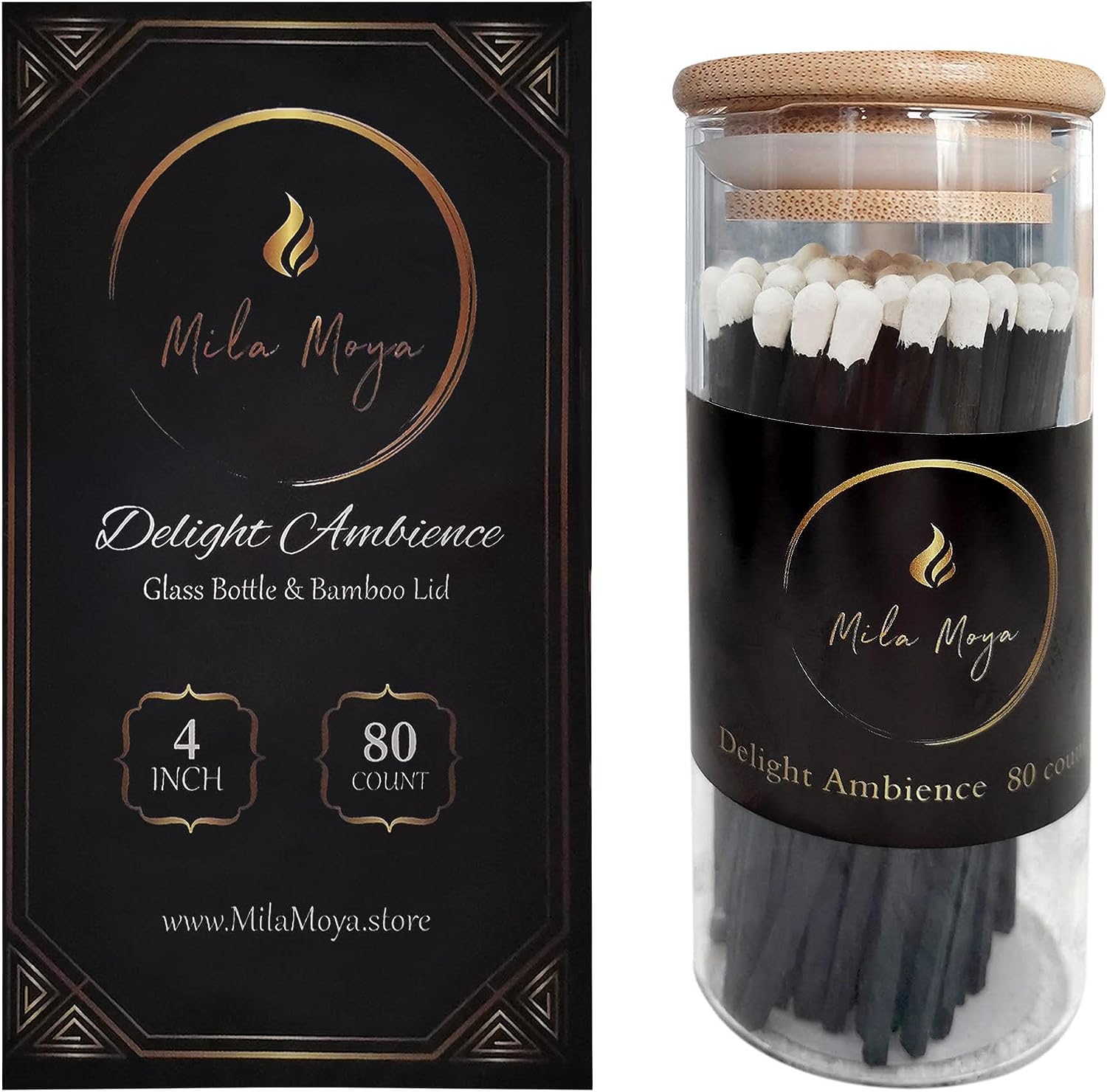 Mila Moya Decorative Wooden Matches 4in/10cm | 80 Count | Glass Bottle + Bamboo Lid | White Head | Strike On The Bottom