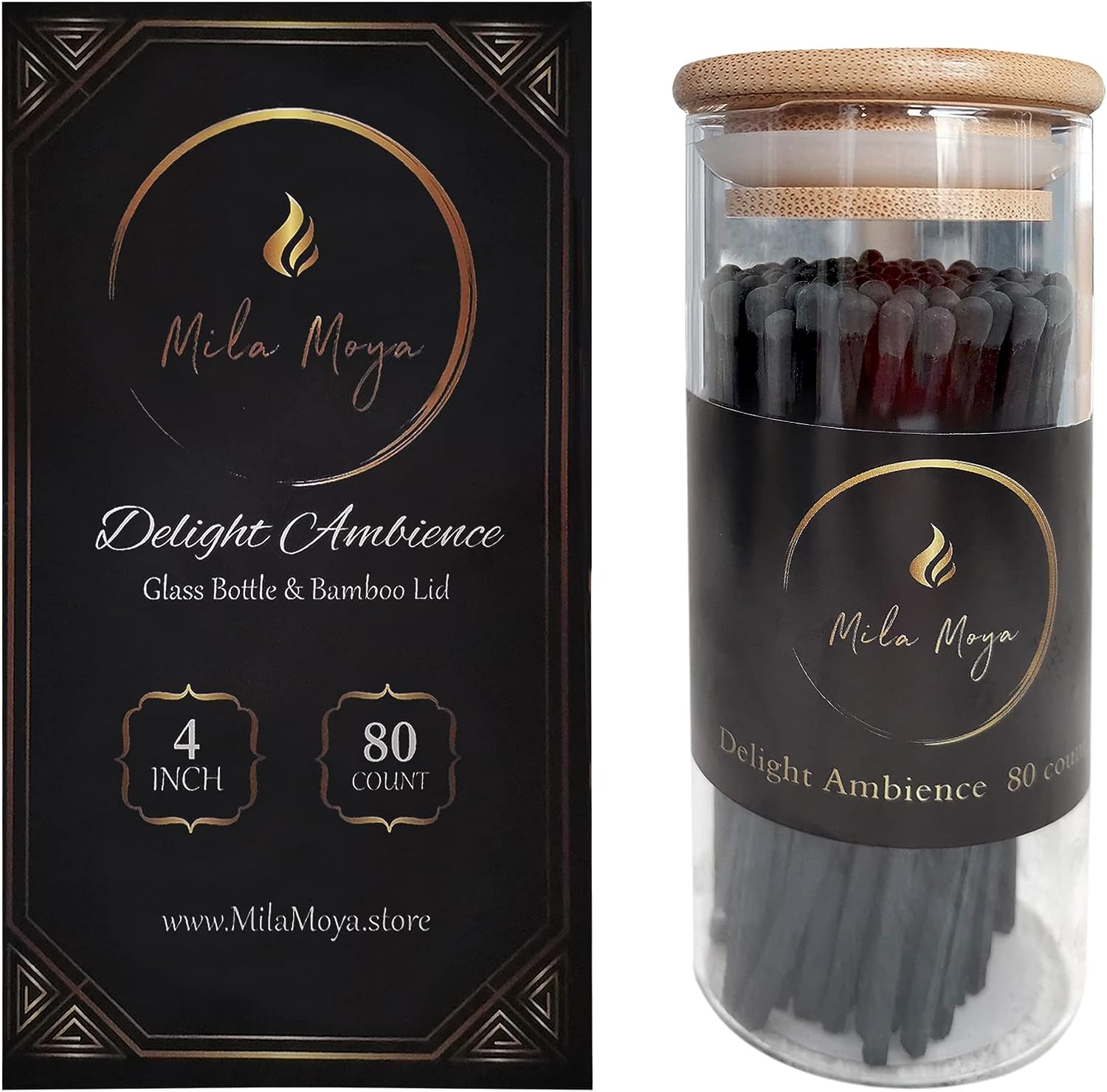 Mila Moya Decorative Wooden Matches 4in/10cm | 80 Count | Glass Bottle + Bamboo Lid | White Head | Strike On The Bottom