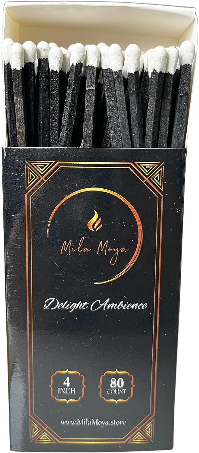 Mila Moya Decorative Wooden Matches 4in/10cm | 80 Count | Glass Bottle + Bamboo Lid | White Head | Strike On The Bottom