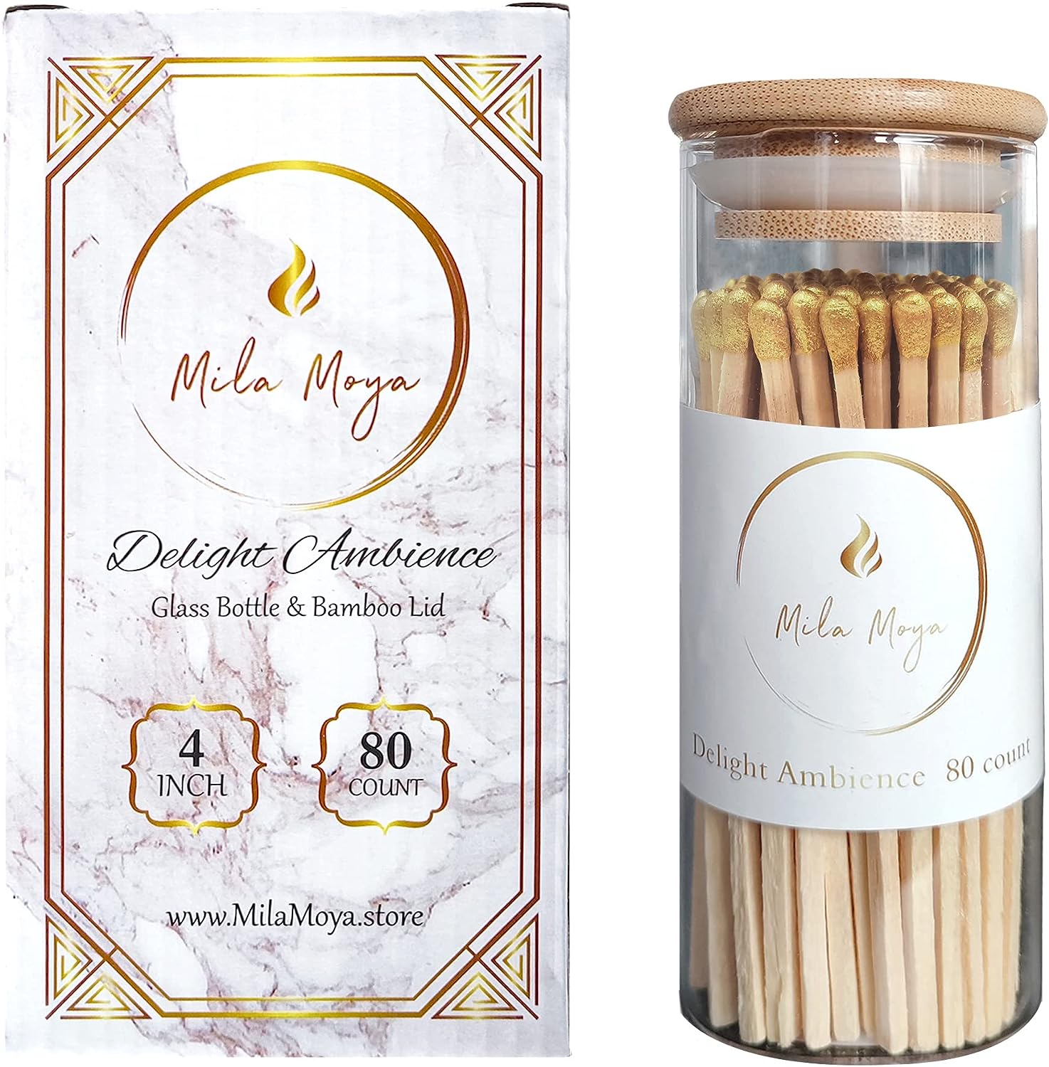 Mila Moya Decorative Wooden Matches 4in/10cm | 80 Count | Glass Bottle + Bamboo Lid | White Head | Strike On The Bottom