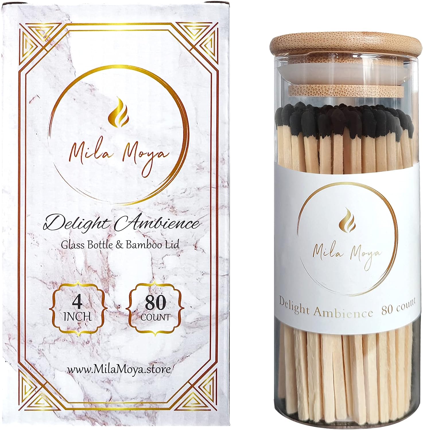 Mila Moya Decorative Wooden Matches 4in/10cm | 80 Count | Glass Bottle + Bamboo Lid | White Head | Strike On The Bottom