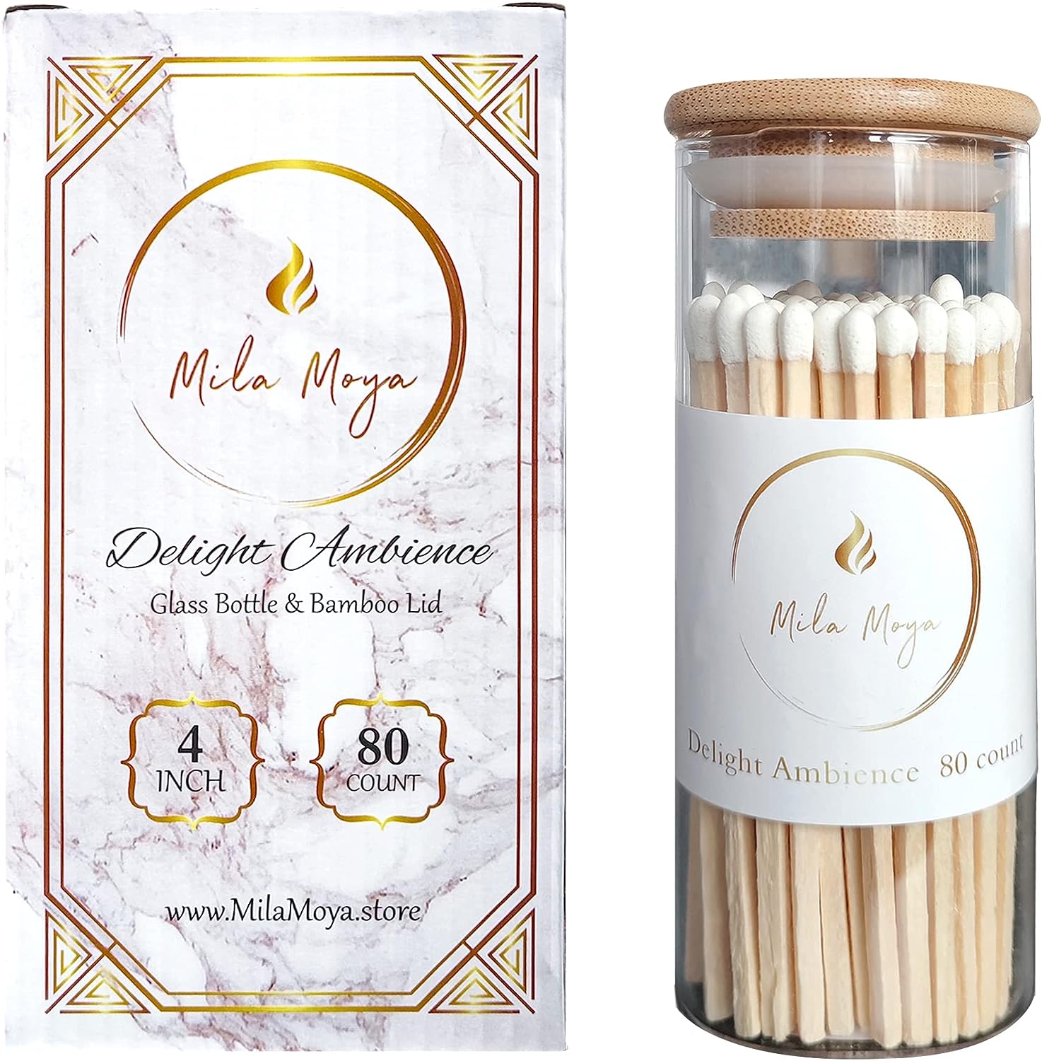 Mila Moya Decorative Wooden Matches 4in/10cm | 80 Count | Glass Bottle + Bamboo Lid | White Head | Strike On The Bottom