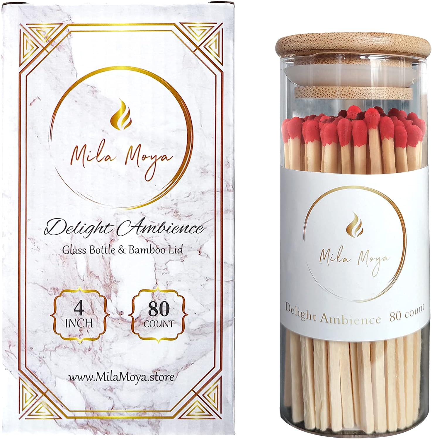 Mila Moya Decorative Wooden Matches 4in/10cm | 80 Count | Glass Bottle + Bamboo Lid | White Head | Strike On The Bottom