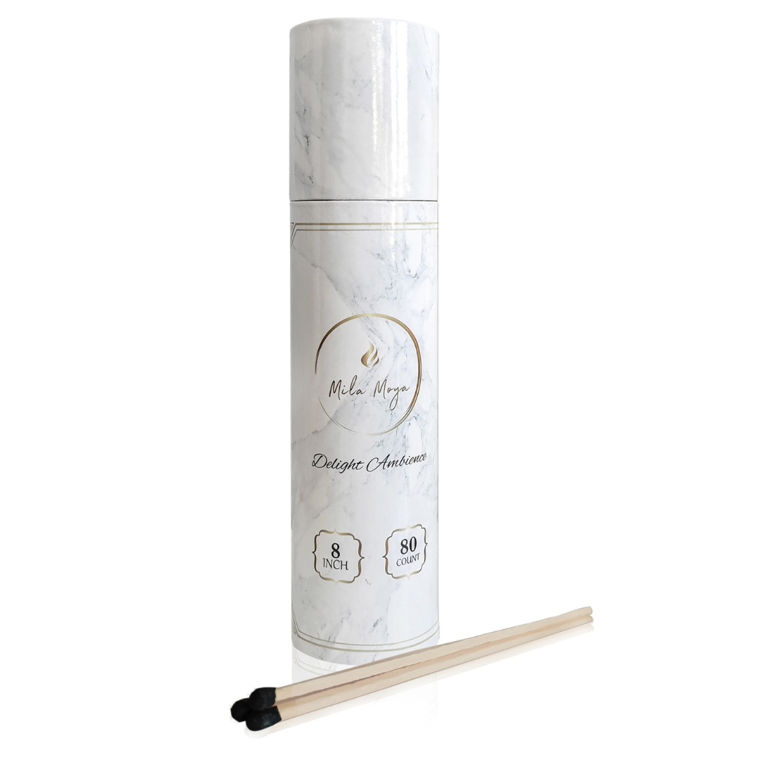 Mila Moya Decorative Wooden Matches 4in/10cm | 80 Count | Glass Bottle + Bamboo Lid | White Head | Strike On The Bottom