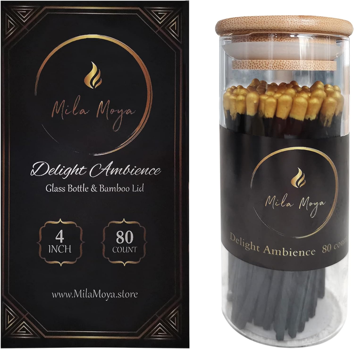 Mila Moya Decorative Wooden Matches 4in/10cm | 80 Count | Glass Bottle + Bamboo Lid | White Head | Strike On The Bottom