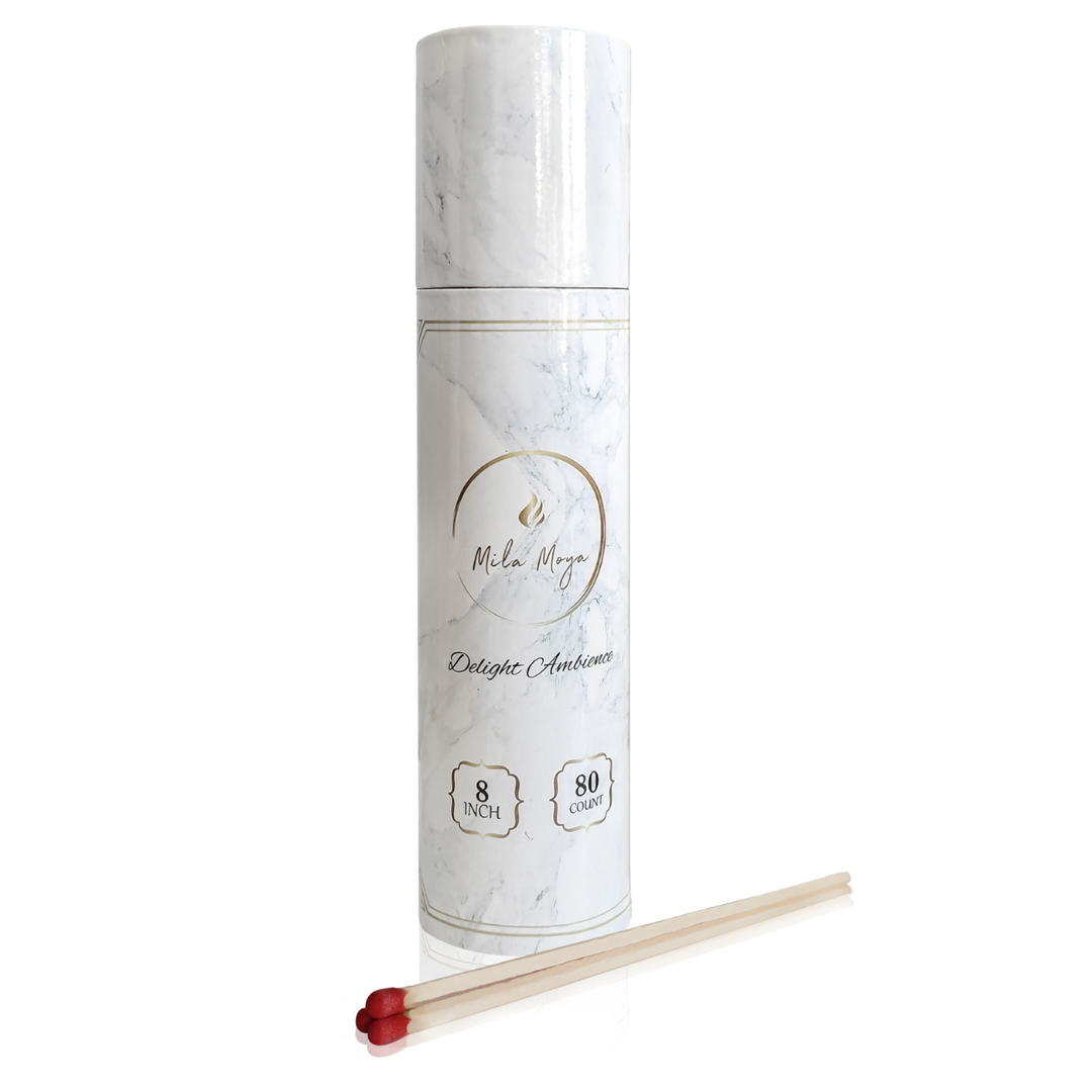 Mila Moya Decorative Wooden Matches 4in/10cm | 80 Count | Glass Bottle + Bamboo Lid | White Head | Strike On The Bottom