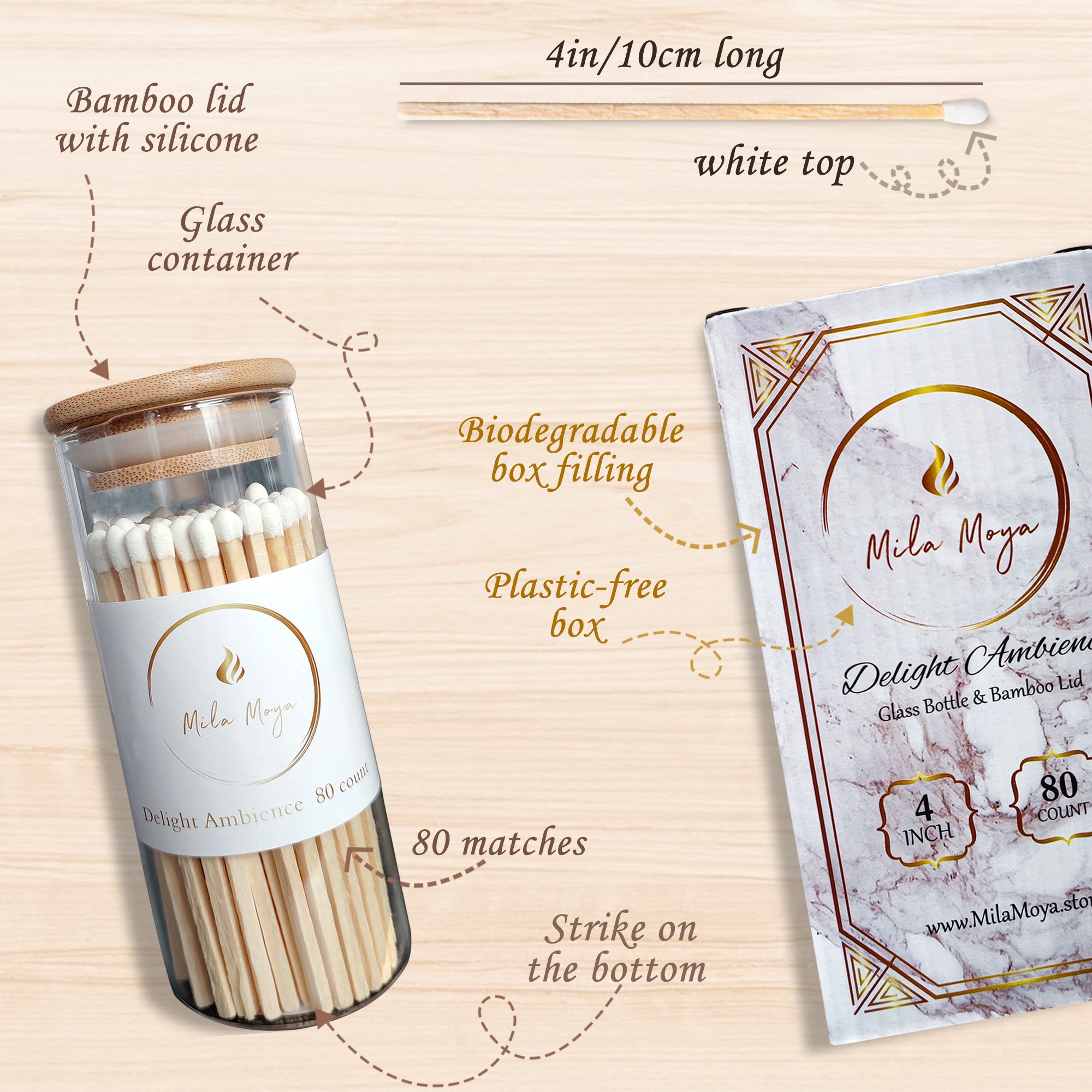 Mila Moya Decorative Wooden Matches 4in/10cm | 80 Count | Glass Bottle + Bamboo Lid | White Head | Strike On The Bottom